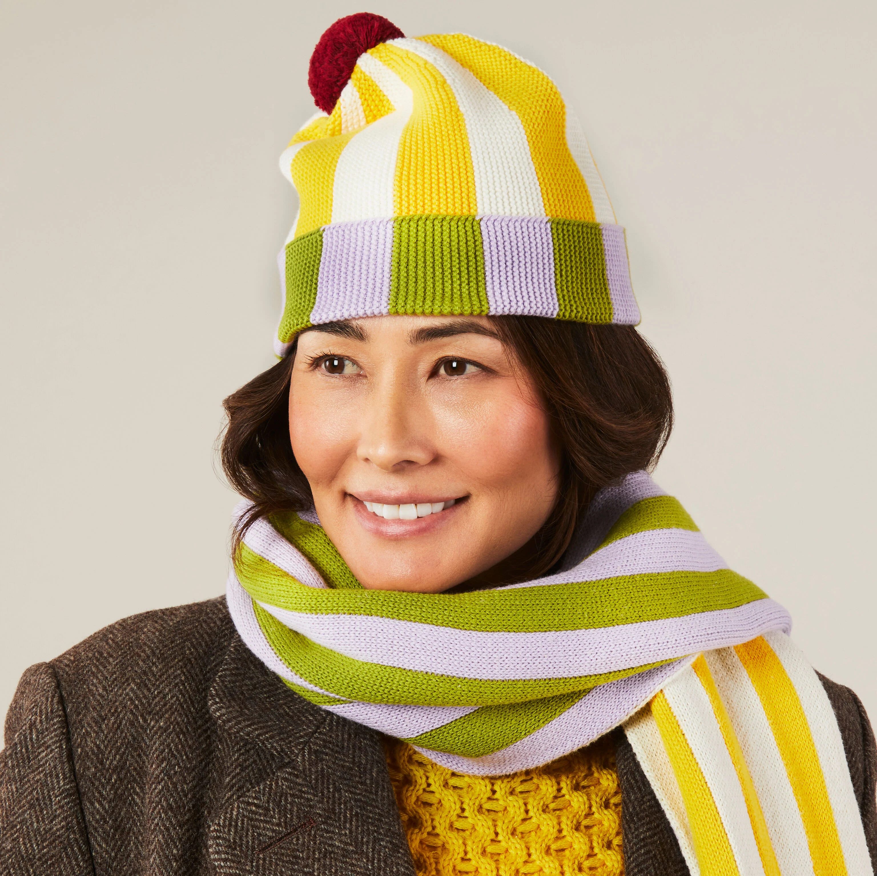 Dusen Dusen Cotton Striped Beanie - Purple/ Yellow - Image 4