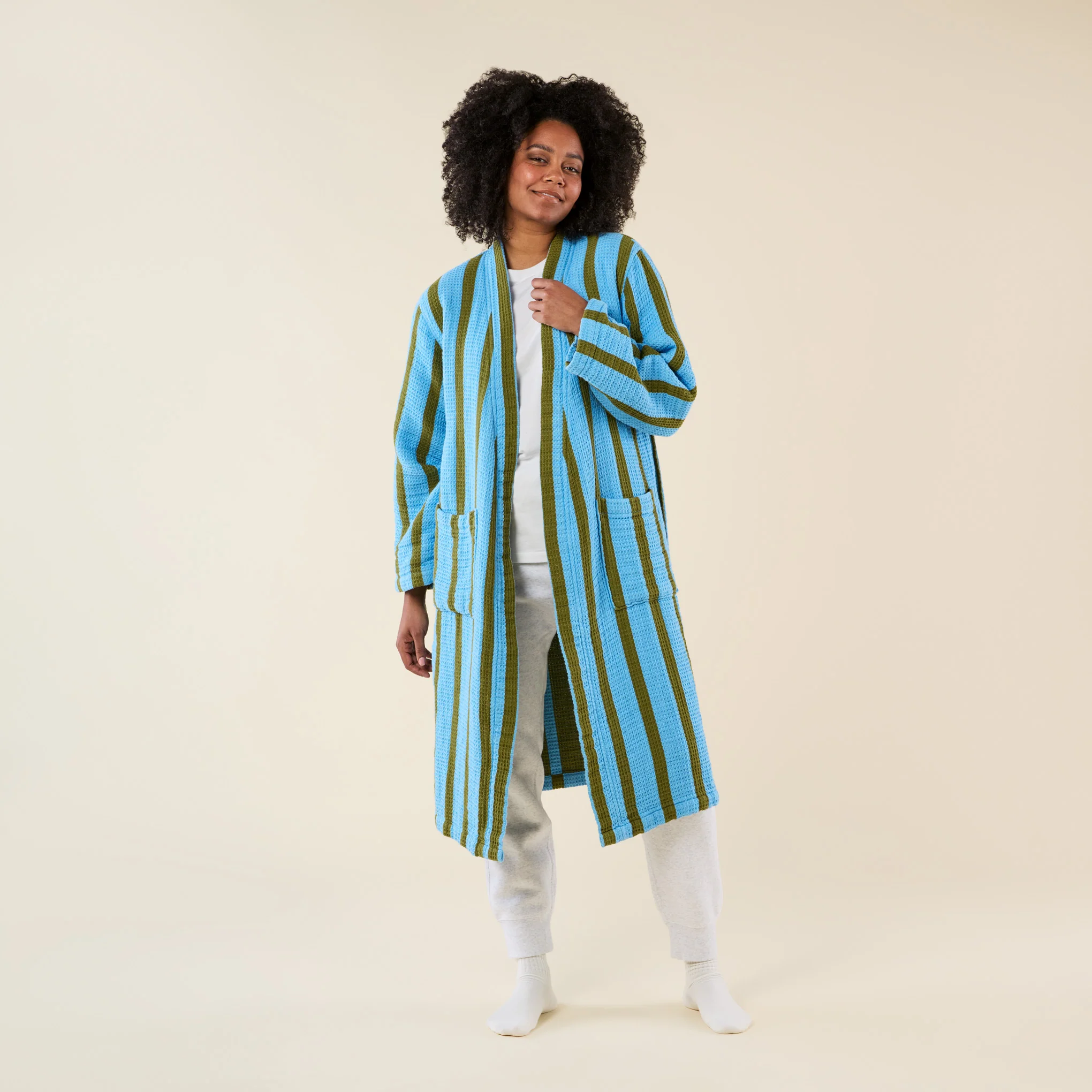 Dusen Dusen Striped Waffle Cotton Bathrobe - Blue Stripe - Image 4
