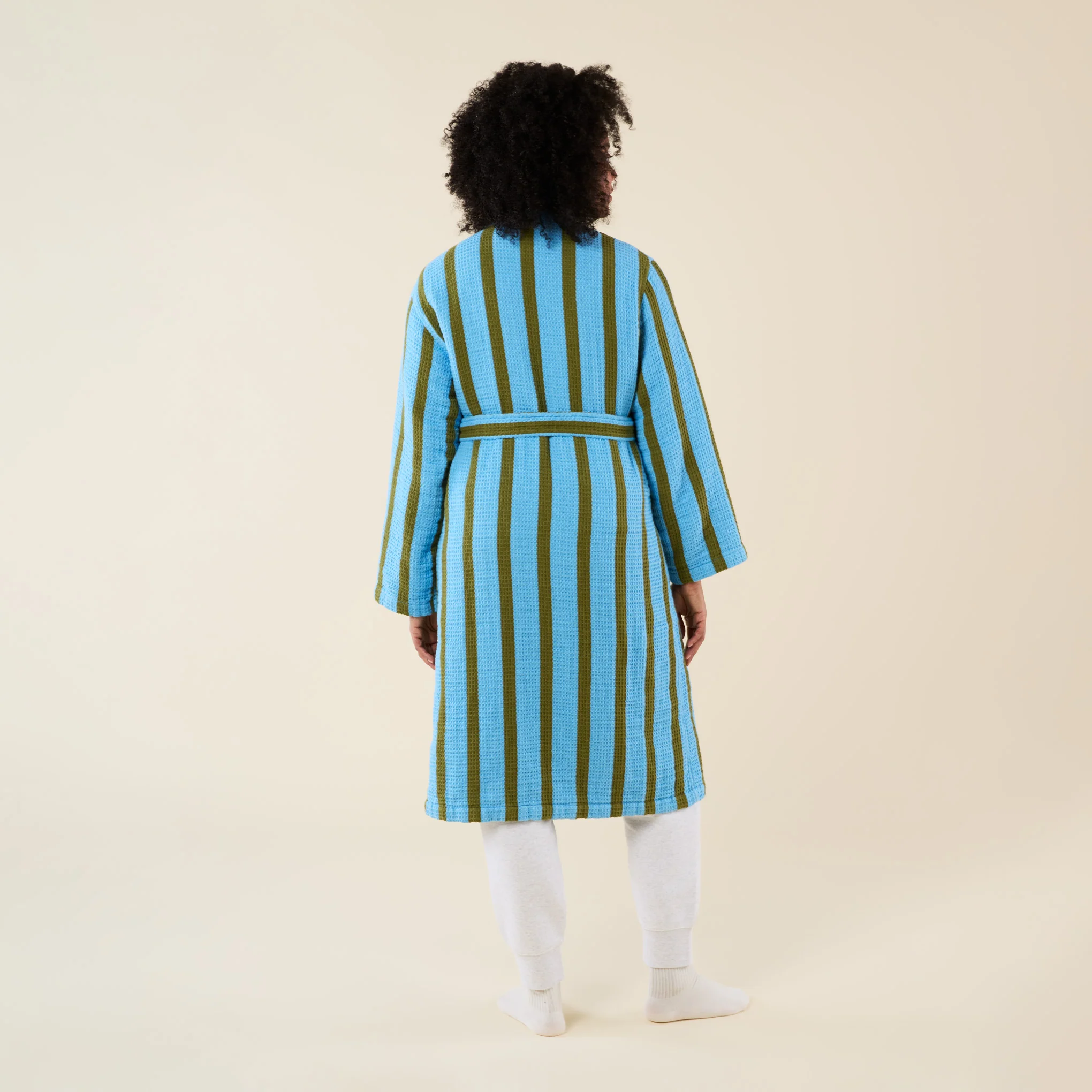 Dusen Dusen Striped Waffle Cotton Bathrobe - Blue Stripe - Image 5