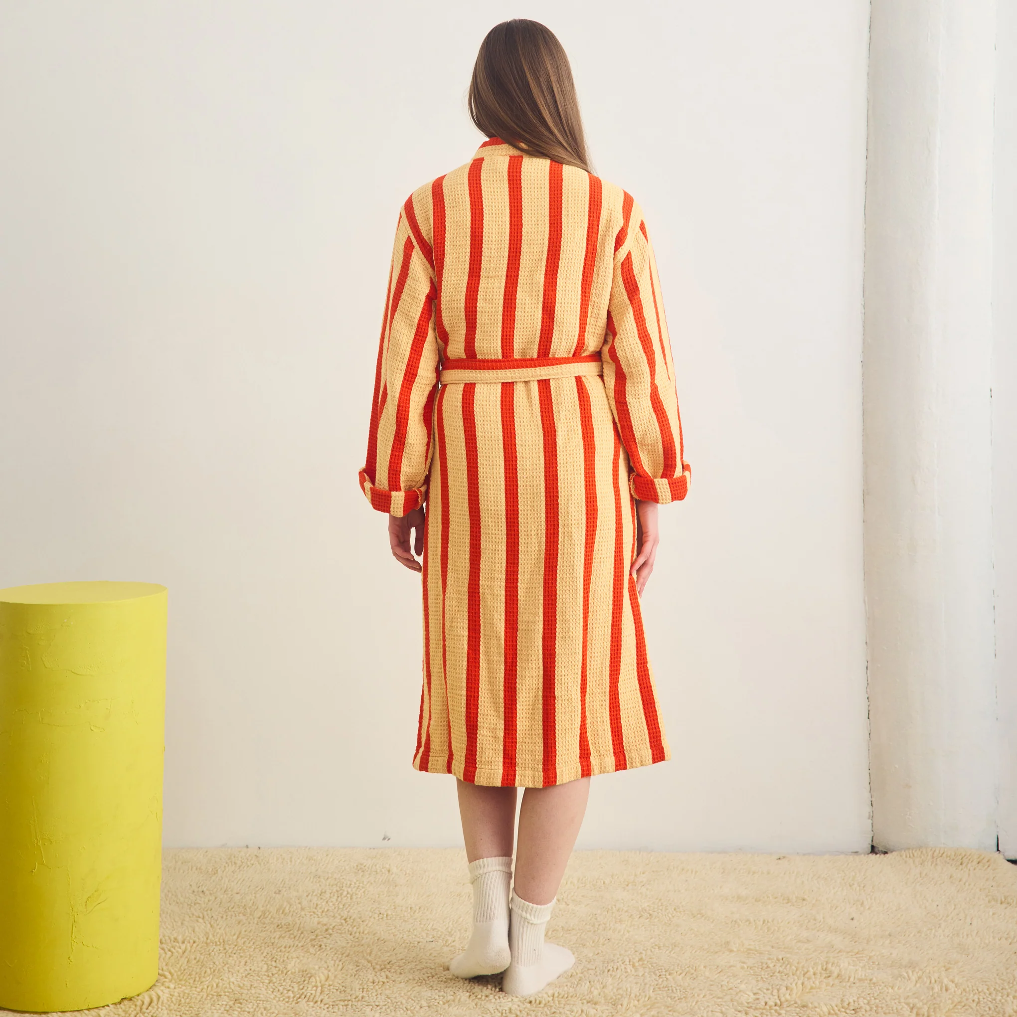 Dusen Dusen Striped Waffle Cotton Bathrobe - Red Stripe - Image 4