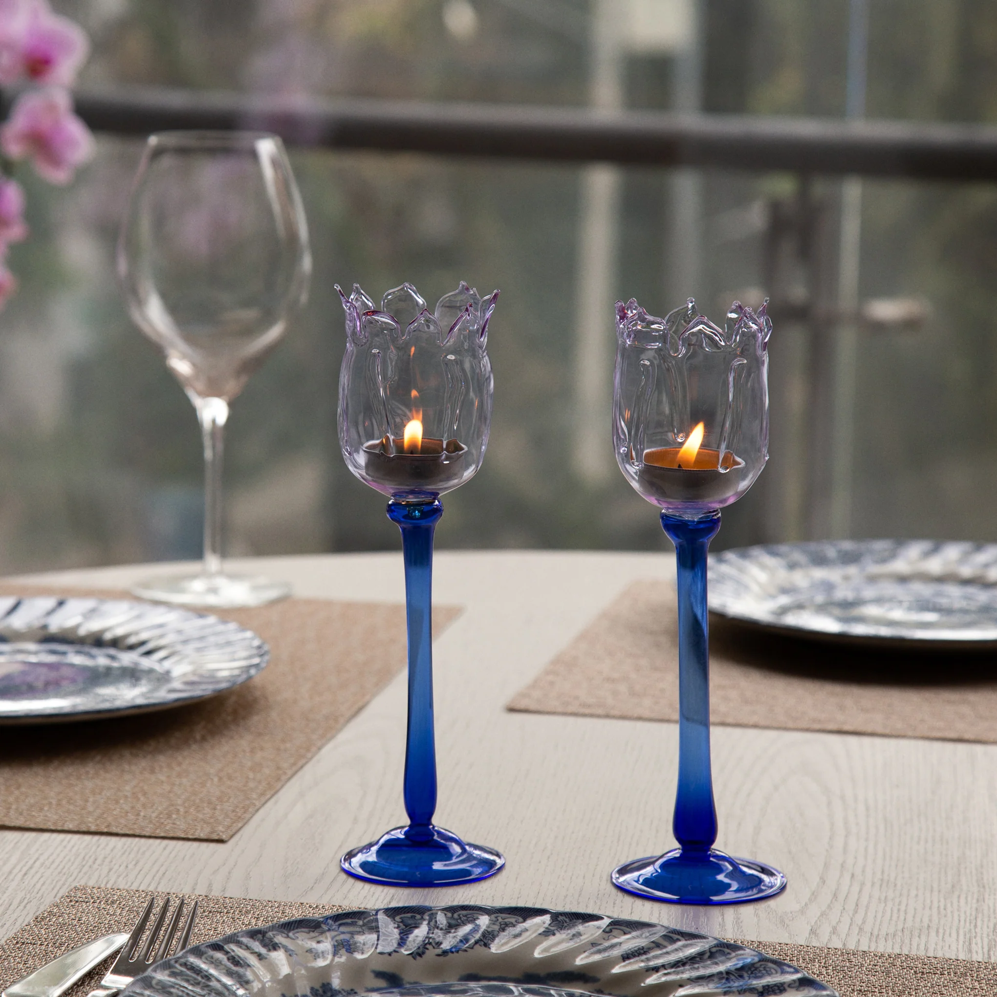 Eternal Blossom Glass Tea Light Holder - Lilac/ Blue - Image 4