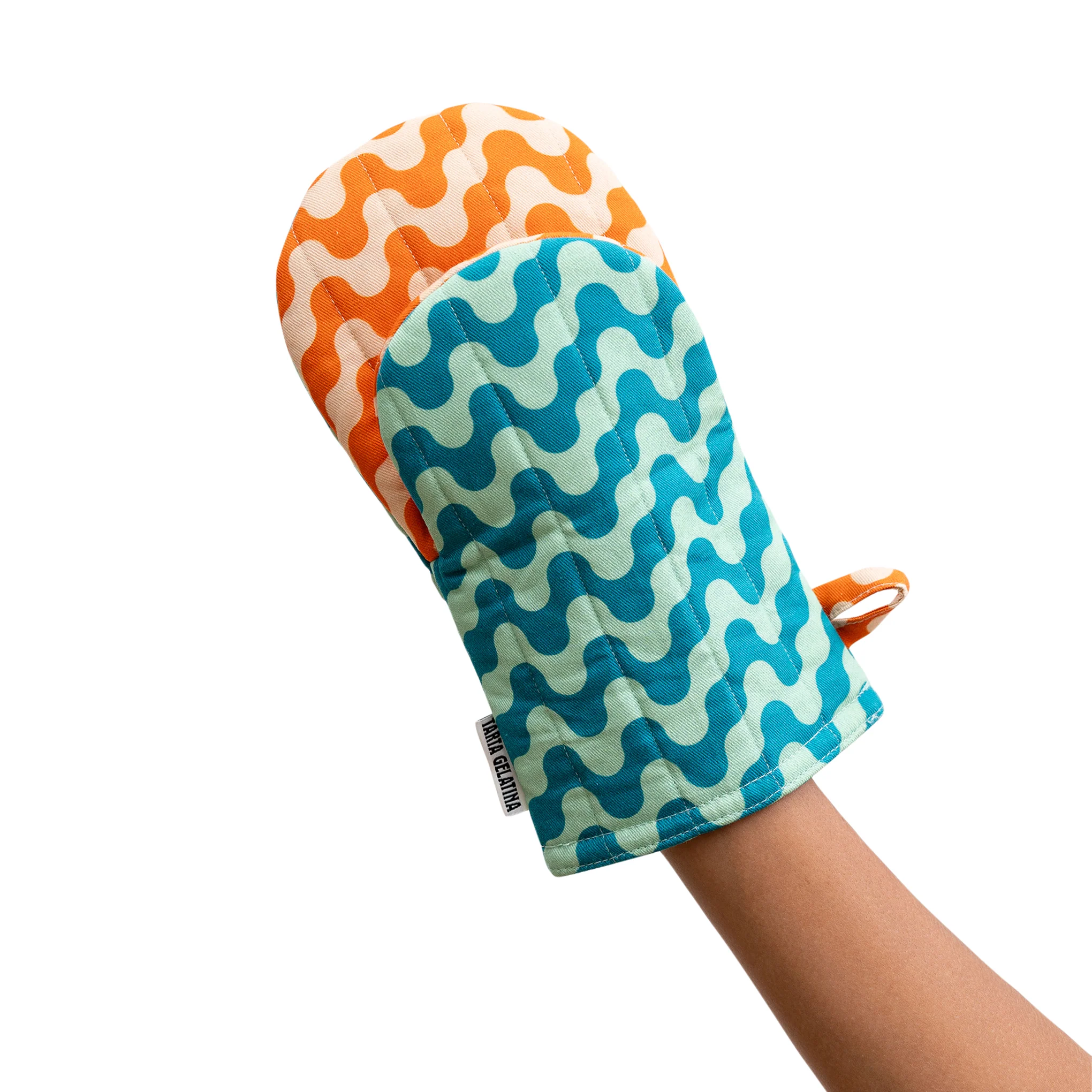 Reversible Pattern Oven Mitt & Potholder - Set of 2 - Orange/ Blue - Image 3