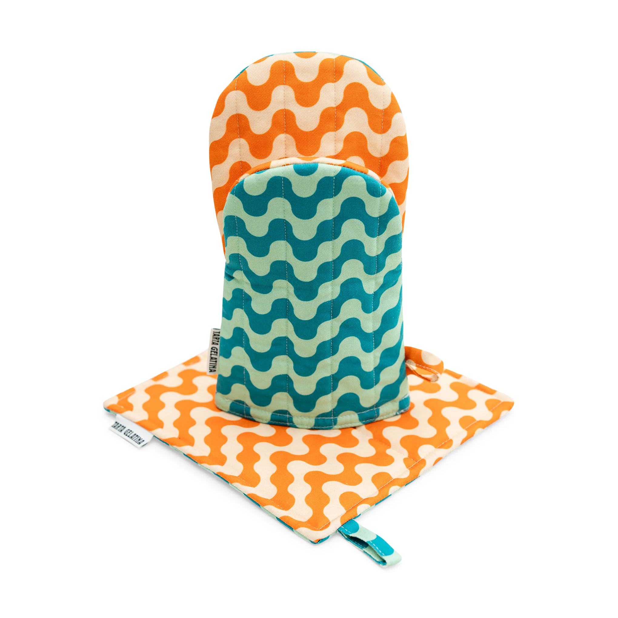 Reversible Pattern Oven Mitt & Potholder - Set of 2 - Orange/ Blue - Image 4